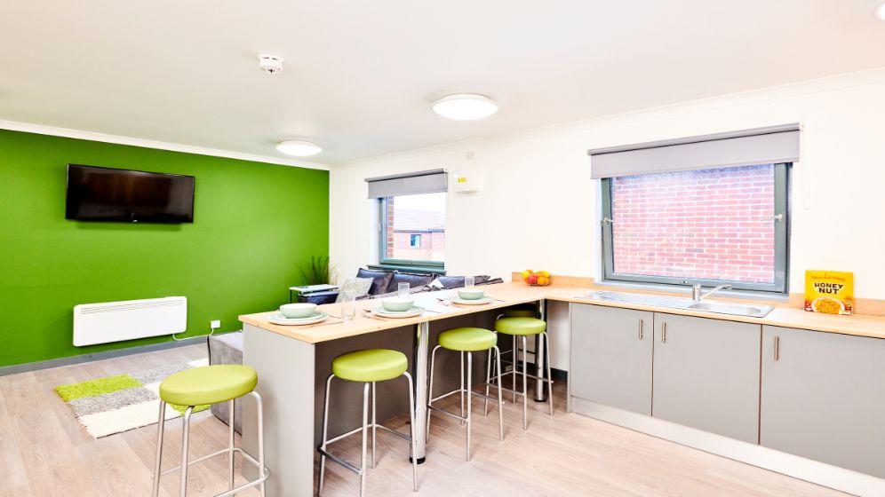 An alternative view of an open plan kitchen showing the breakfast bar. There are two windows and large, flat screen TV on the wall. 